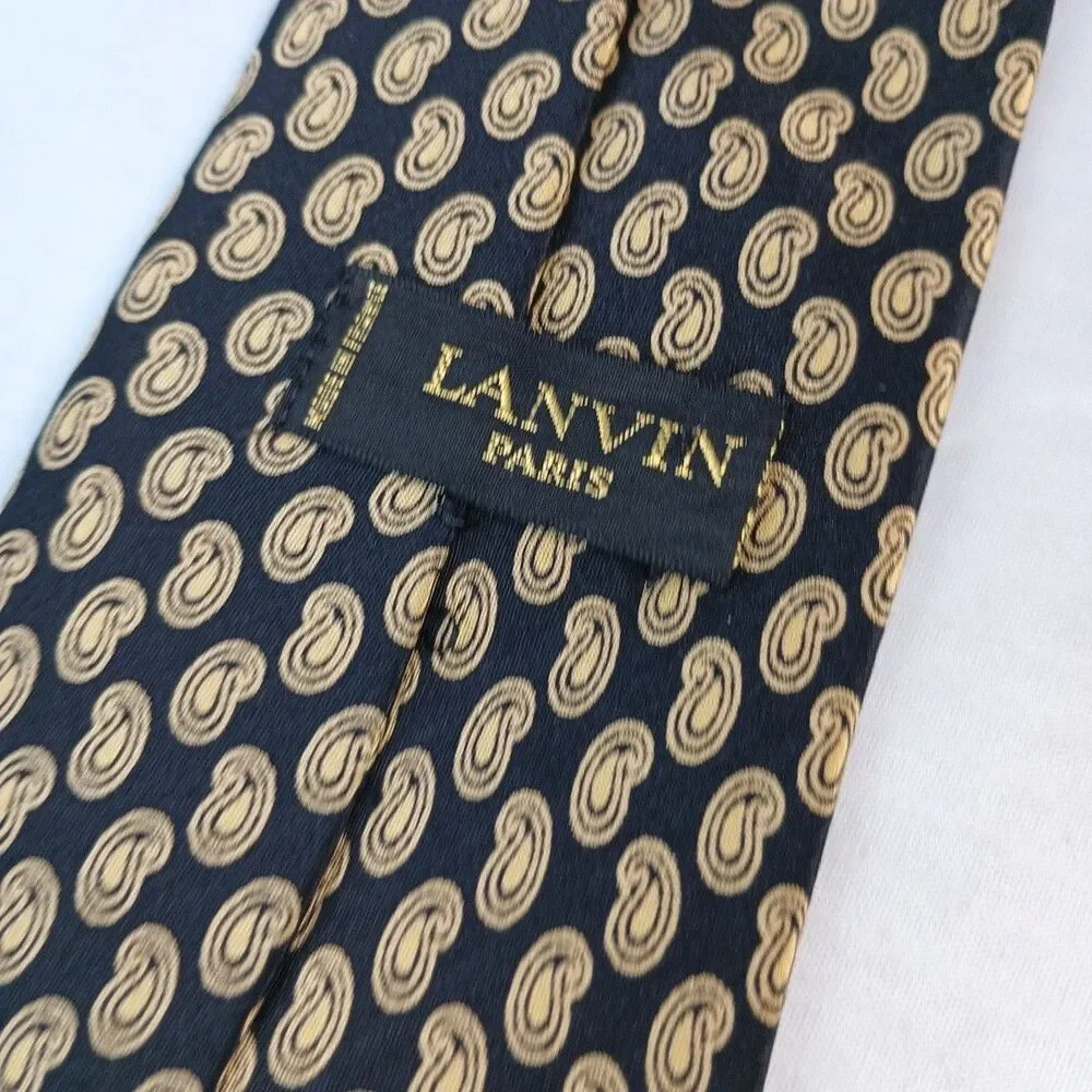 LANVIN Paris 100% Silk Made in France Black & Gold Paisley Designer Neck Tie 56